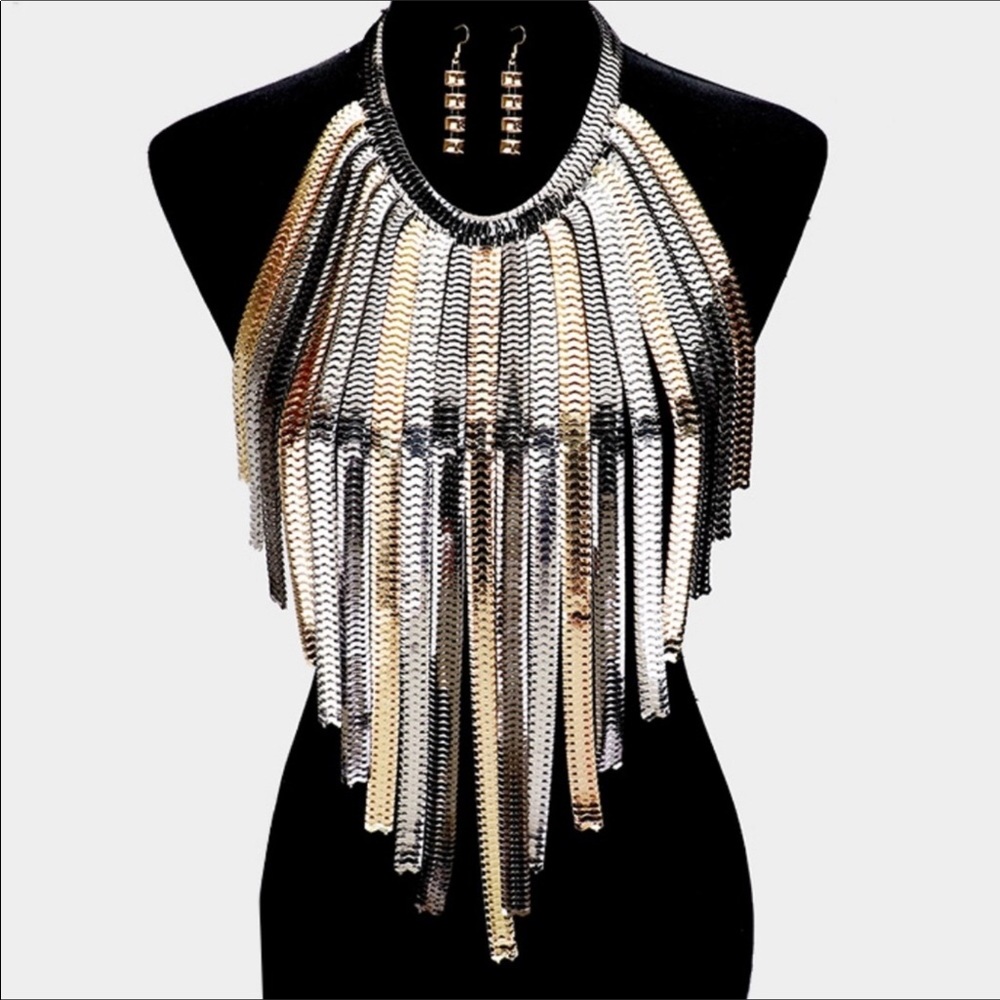 Silver Gold and Gunmetal Long Fringe Metal Statement Body Chain Necklace